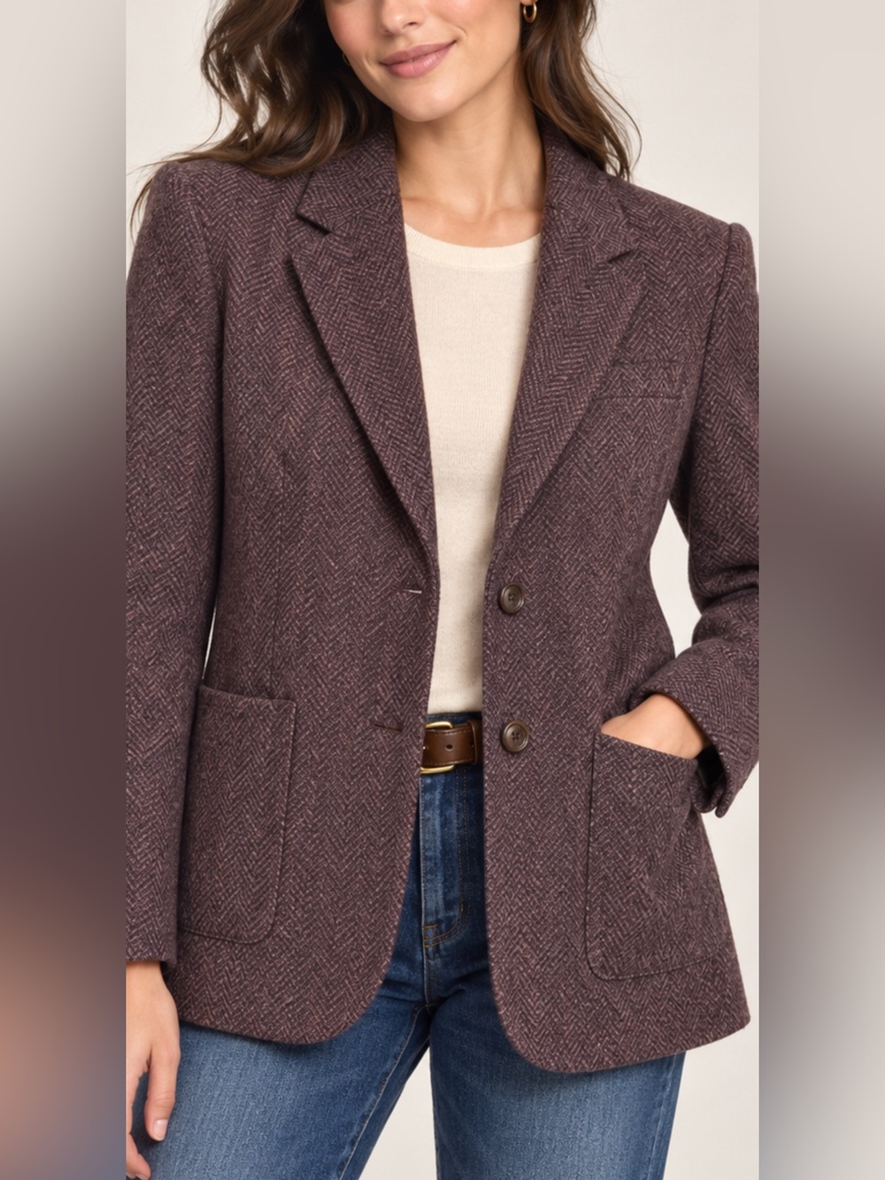 Giorgio Sant’Angelo Women’s 10 100% Wool Herringbone Blazer Brown Vintage